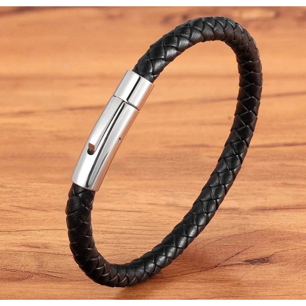 NEW Unisex Men's Black Leather Stainless Magnetic Closure Bracelet‎ 8.25”